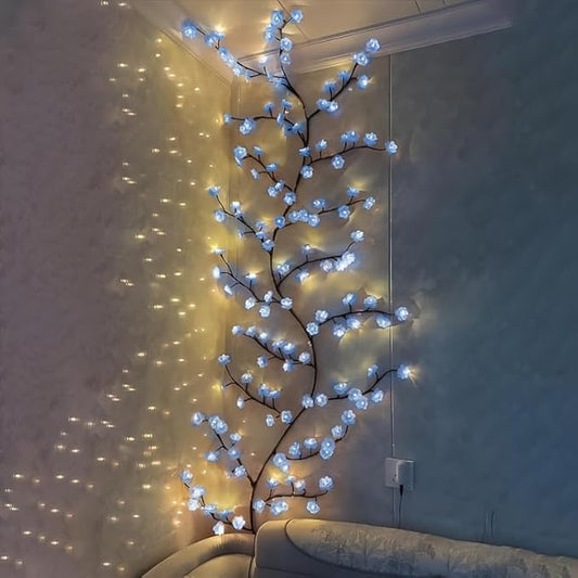 Blue Cherry Blossom LED Lights for Bedroom Decor, Cherry Blossom Willow Vine Branch with Remote Control,Flexible DIY Design,48 LED 8 Modes,for Party, Living Room, Wall Decorations (47inch)