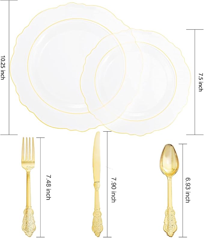 YOUBET 125PCS Gold Plastic Plates - Clear Gold Disposable Plates - 25 Guests Baroque Plastic Dinnerware Includes 25Dinner Plates, 25Dessert Plate, 75Silverware for Party & Wedding