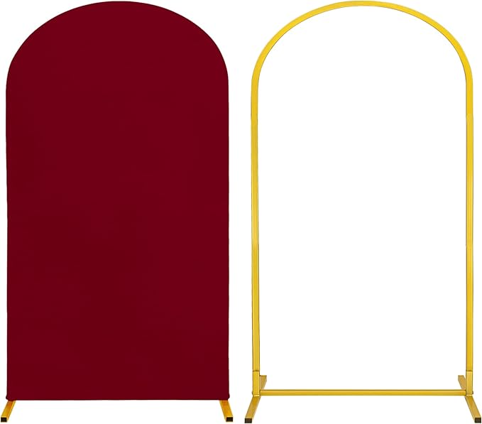 Metal Arch Stand and Cover Set,1 Burgundy Spandex Fitted Backdrop with 1 Gold Wedding Arched Stand Frame for Parties Birthday Baby Shower Bridal Banquet Decoration (7.2FT)