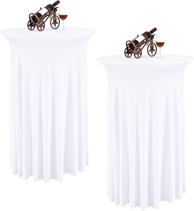 2 Packs Round Cocktail Table Skirt 24"x 43" Spandex Stretch Cocktail Tablecloth with Wavy Drapes, White Spandex Fitted High Top TableCovers for Wedding Bar Party Birthday Banquet Table