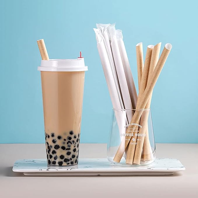 ALINK Pointed Paper Boba Straws, Individually Wrapped, 4-Layer Heavy Duty, 12mm Biodegradable Jumbo Smoothie Straws for Bubble Tea, Tapioca Pearls - Pack of 50