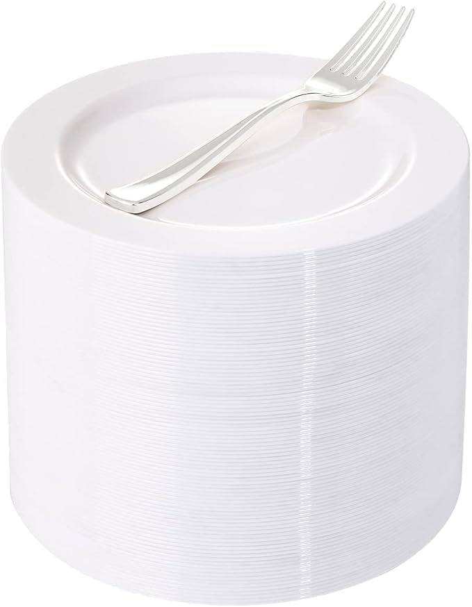 WELLIFE 100 Pieces White Plastic Dessert Plates with 100pcs Silver Disposable Forks, Premium Hard Salad Plate 7.5”, Appetizer Plastic Plates for Wedding, Party