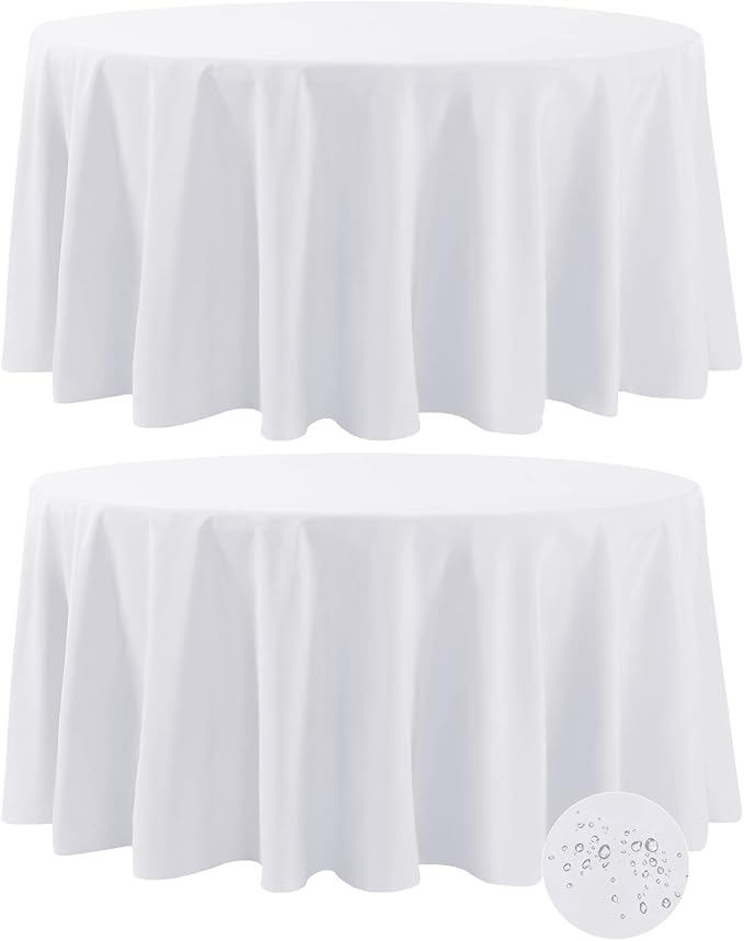 Fokitut 2 Pack Waterproof Round Tablecloth, 132 Inch, Stain Resistant and Wrinkle Polyester Table Cloth, Fabric Table Cover for Kitchen Dining, Wedding, Party, Holiday Dinner-White
