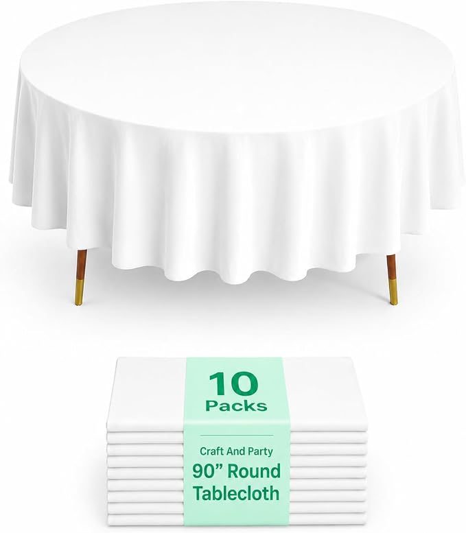10 Pack 90 Inch White Round Tablecloth, Polyester Fabric Washable Table Cloth for Home, Party, Wedding or Restaurant Use.