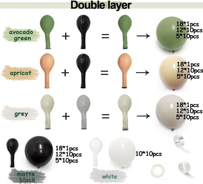 Black Sage Green Nude Balloon Garland Double Stuffed Olive Green Sand White Balloon Avocado Apricot Black Latex Arch Kit for Jungle Safari Wild One Birthday Baby Shower Woodland Decorations