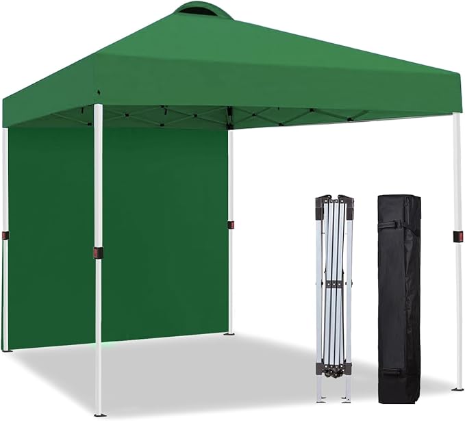 10x10 Pop Up Canopy Tent with One Sidewall, Instant Folding Outdoor Shelter with Air Vent, High Strength Steel Frame and Handheld Carry Bag for Backyard Party, Camping, Green
