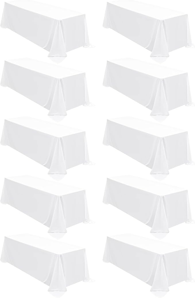 fani 10 Packs 90 x 132 Inch Tablecloth, White Polyester Table Cloth for 8ft Rectangle Tables, Stain and Wrinkle Resistant Washable Fabric Table Cover for Wedding Banquets Parties Buffet Dining Table