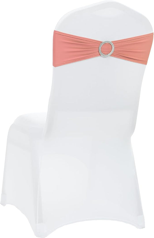 VDS - Coral Peach | Spandex Chair Sashes Bows | 75 PCS | Stretch Elastic Banquet Universal Folding Chair Band Tie with Silver Buckle Slider for Wedding Party Conference Celebration Event Decoration