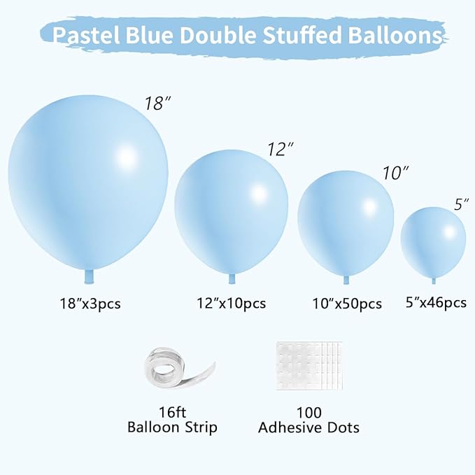 Double Stuffed Pastel Blue Balloons Different Size 115Pcs 5/10/12/18 Inch Macaron Light Blue Balloon Garland Arch kit for Birthday Gender Reveal Baby Shower Party