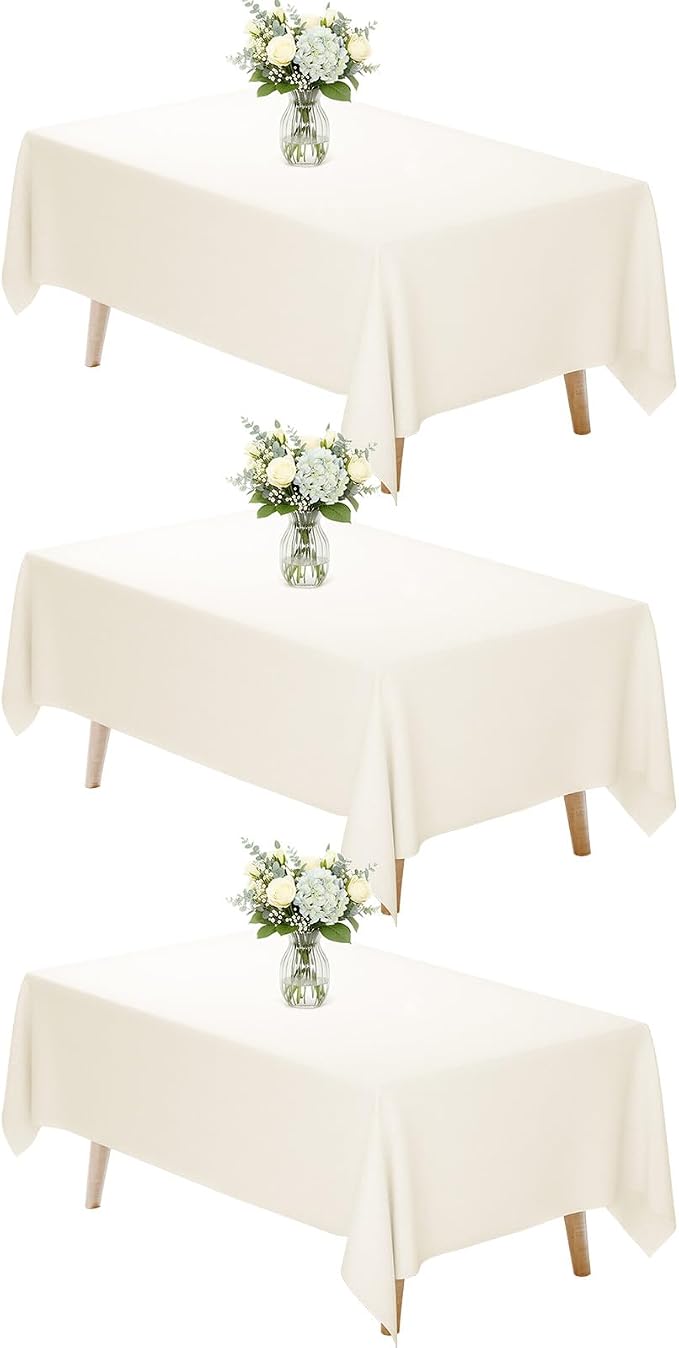 Fixwal 3 Pack Ivory 60 x 102 Inch Rectangle Tablecloths, Reusable Heavy Duty Washable Polyester Table Covers for 6 Ft Tables, Wedding, Bridal Shower, Boho Party, Outdoor, Picnic