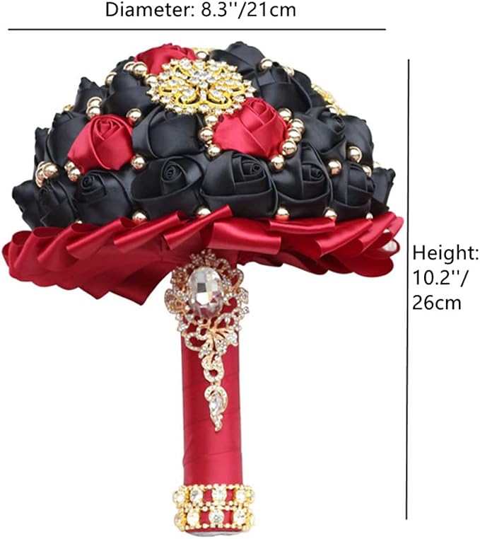 Burgundy & Black Bridal Wedding Bouquet, Luxury Gold Rhinestone Brooch, Satin Rose Artificial Flower, 8.3in
