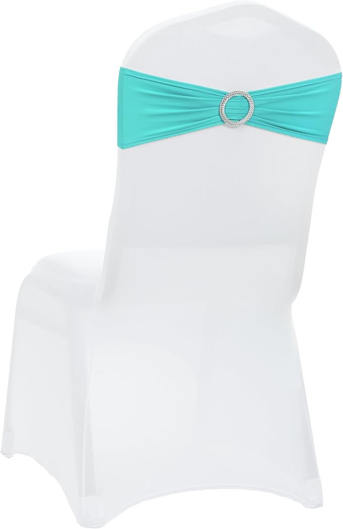 VDS - Aqua Blue | Spandex Chair Sashes Bows | 125 PCS | Stretch Elastic Banquet Universal Folding Chair Band Tie with Silver Buckle Slider for Wedding Party Conference Celebration Event Decoration