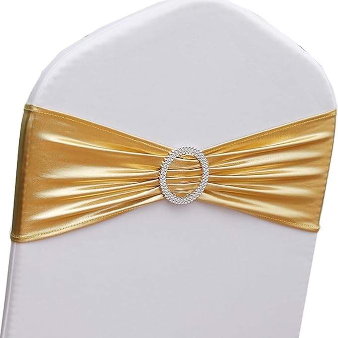 Gold Chair Sashes 50 Pack for Wedding Ceremony, Elastic Chair Bands Bows for Party Banquet Theme Hotel Restaurant Event Decorations (50 Pieces, Metallic Gold)