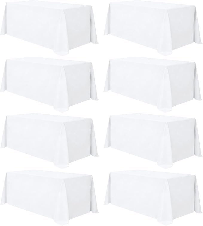 8 Pack White Table Cloth 90 x 132 Inch Rectangular Tablecloths for 6 Foot Rectangle Tables, Wrinkle Resistant White Tablecloth Washable Polyester Fabric Table Covers for Party Wedding Banquet