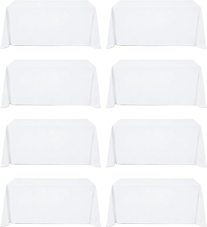 8 Pack White Tablecloth 90 x 132 Inch Rectangular Table Cloth for 8 Foot Rectangle Tables, Wrinkle Resistant Washable Polyester Fabric Covers for Wedding Party Banquet Buffet and Camping