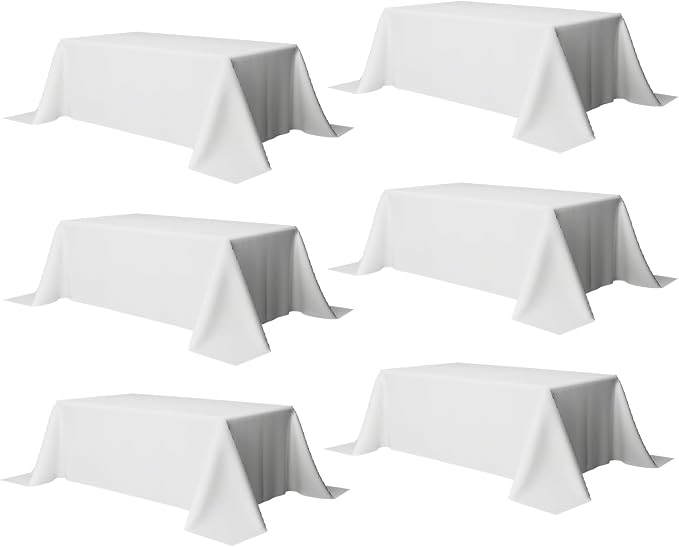 90x132 Table Cloth - 6 Pack Rectangular White Washable Stain and Wrinkle Resistant Polyester Table Cover for Dining Tables, Various Parties and Camping (White)