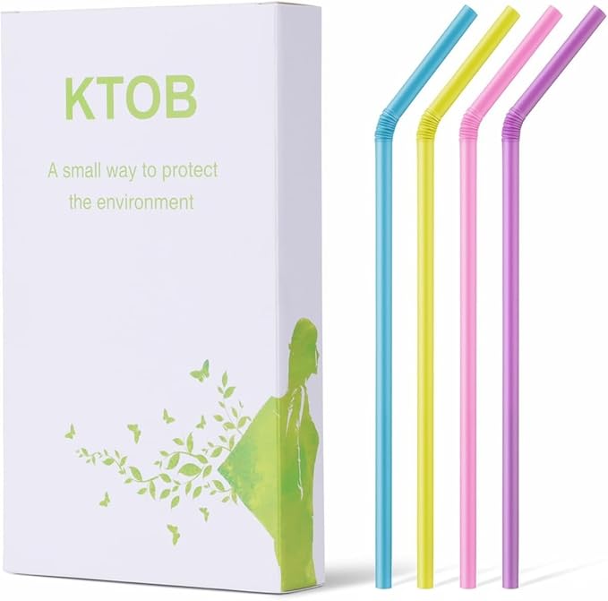 KTOB Biodegradable Flexible Drinking Straws - 100 Count 100% Plant-Based Compostable Colorful Eco Friendly Alternative to Disposable Plastic Straws