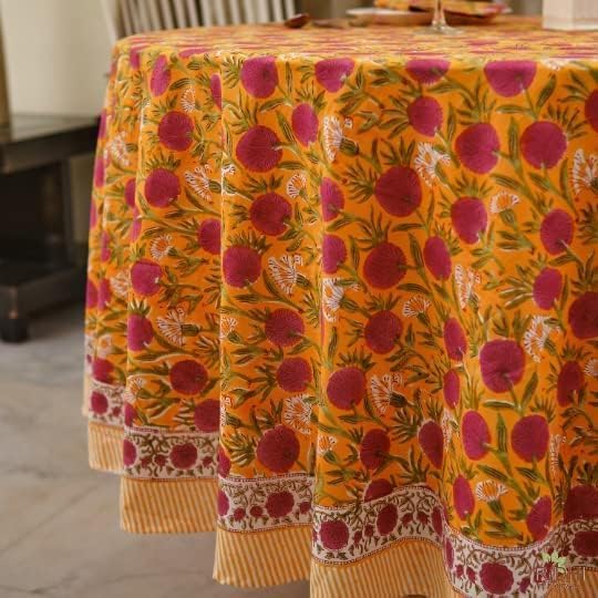 Ridhi Round Tablecloth Hand Block Print 100% Cotton Reusable Bubblegum Pink 132 Inch Table Cover Decorative Everyday Use for Dining, Home, Party, Wedding, Farmhouse Gift for Spring, Mother's Day
