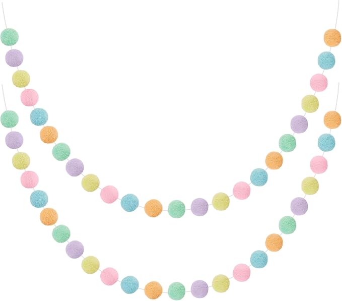 WILLBOND 2 Pieces Wool Felt Rainbow Ball Garland Colorful Pom Pom 6.5 ft Long 24 Ball Garland for Easter Mardi Gras Classroom Halloween Thanksgiving Xmas (Pastel Colors)