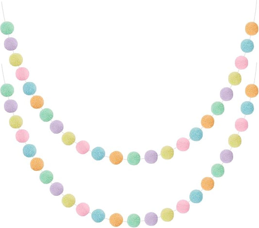 WILLBOND 2 Pieces Wool Felt Rainbow Ball Garland Colorful Pom Pom 6.5 ft Long 24 Ball Garland for Easter Mardi Gras Classroom Halloween Thanksgiving Xmas (Pastel Colors)