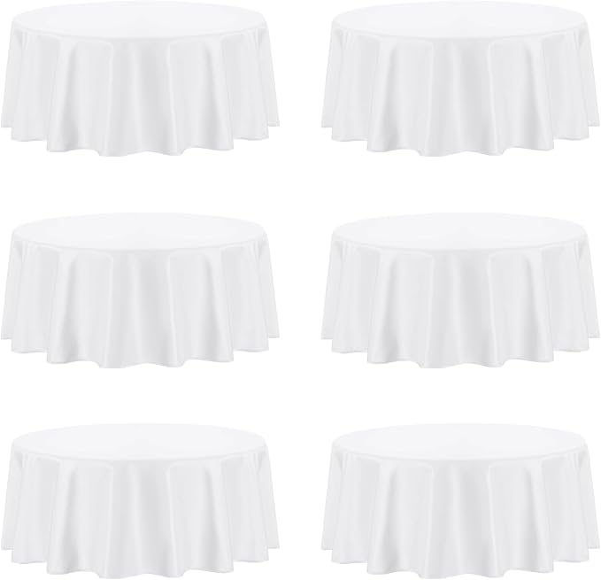 PureFit 6 Pack Round White Table Cloths 70 Inch for Round Tables, Stain and Wrinkle Resistant Table Linens for Home Use, Wedding, Party, Banquet and Camping