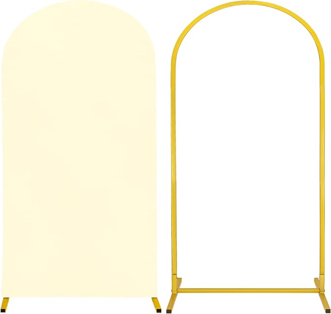 Metal Arch Stand and Cover Set,1 Ivory Spandex Fitted Backdrop with 1 Gold Wedding Arched Stand Frame for Parties Birthday Baby Shower Bridal Banquet Decoration (6.6FT)