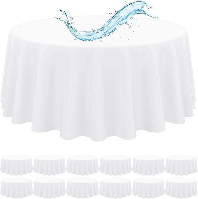 12 Pack White Round Tablecloth 90 Inch, Waterproof Polyester Table Cloth for Round Tables, White Tablecloths Stain and Wrinkle Resistant Washable Fabric Table Cover for Party Dining Wedding Banquet