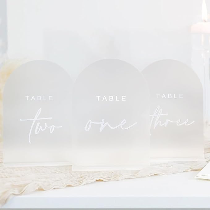 Frosted Arch Wedding Table Numbers 1-15 with Stands, 5x7 Inch Acrylic Arch Sign with Raised White Numbers, 3D Frosted Acrylic Table Numbers for Wedding Reception