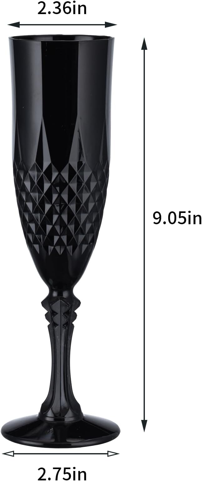 7.1OZ Plastic Champagne Flutes,48PCS Black Glassware Wine Glasses Goblets Shatterproof Mimosa Bar Reusable Vintage Champagne Flutes Stemmed Drinking Cups for Weddings ,Parties, Toasting,Halloween