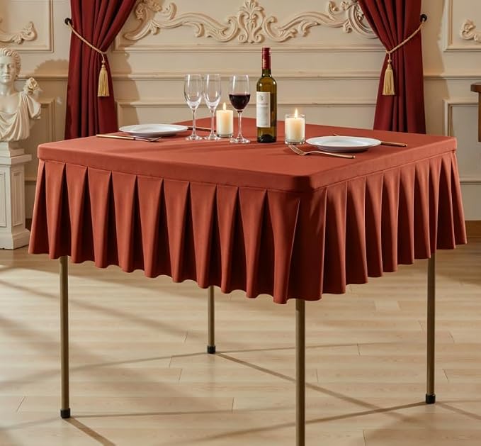 Shillance 60x60 Inch Rust Spandex Square Tablecloth, Wrinkle Free Rust Fitted Table Cloth for Square Tables,Washable Pleated Table Cover for Wedding Birthday Cocktail Party Buffet Dinner Camping