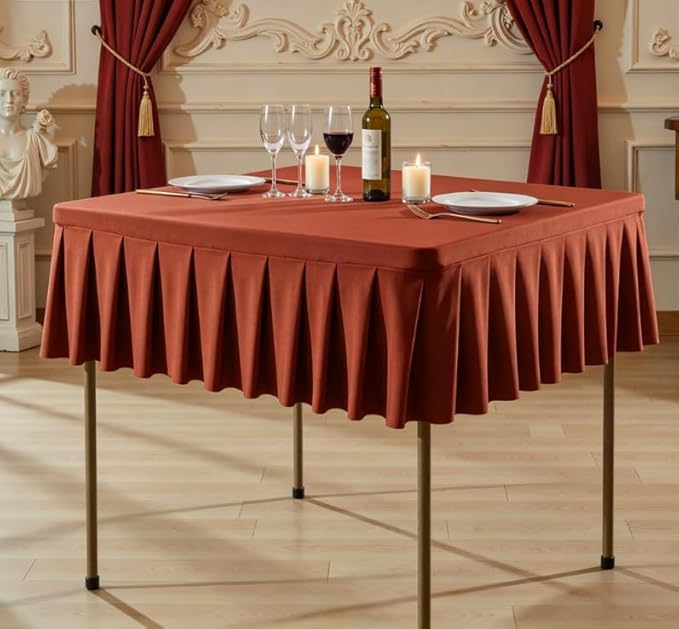 Shillance 54x54 Inch Rust Spandex Square Tablecloth, Wrinkle Free Rust Fitted Table Cloth for Square Tables,Washable Pleated Table Cover for Wedding Birthday Cocktail Party Buffet Dinner Camping