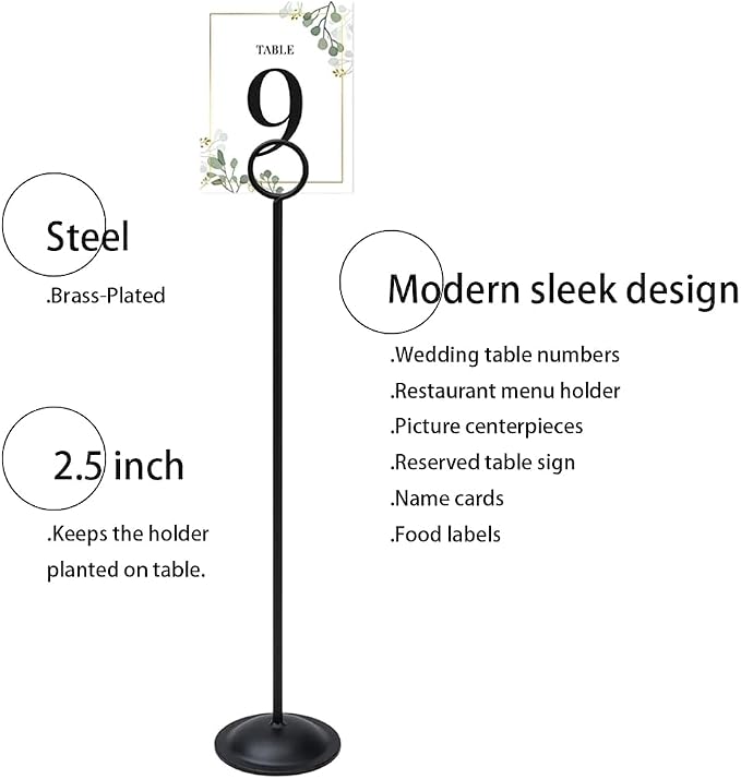 HOHIYA 12 Pack Black Table Number Holders 12" Wedding Place Card Stands | Stable metal stands display table numbers, menus, photos and reserved signs for weddings, restaurants and special events.