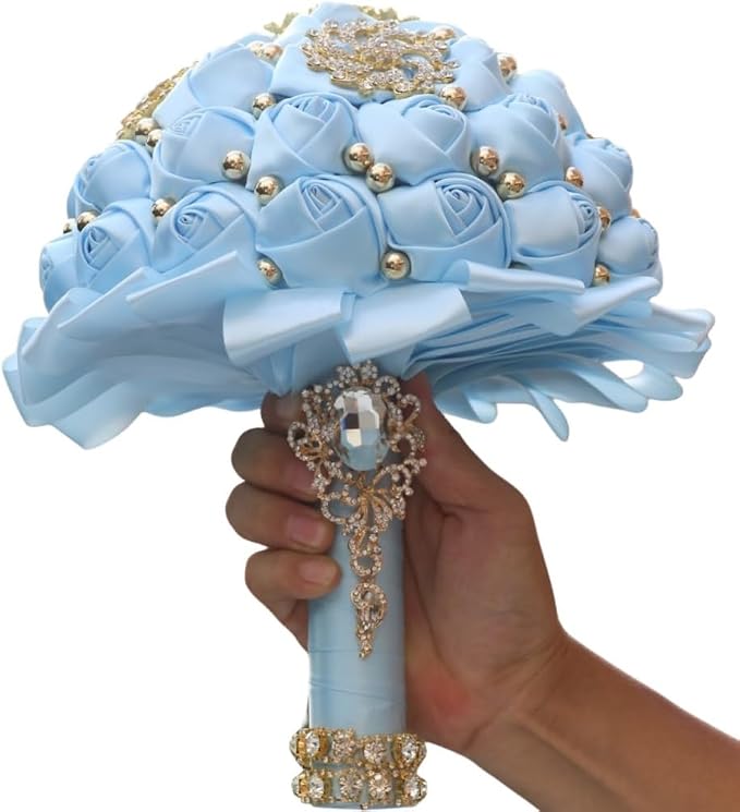 Light Blue Bridal Wedding Bouquet with Gold Brooch Bling Rhinestone Pearl Satin Rose Flower Bouquet for Bride Bridesmaid Quinceanera Wedding Light Blue 7.1in