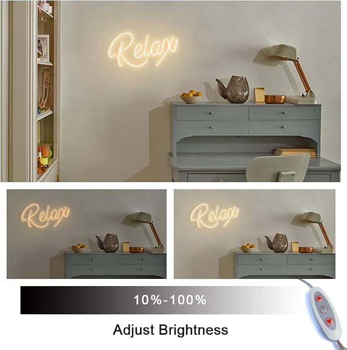 Relax Neon Sign Unique Art Ornaments with Dimmable Switch, 5V USB Powered Cool Neon Relax Signs for Wall Decor, Bedroom, Living Room, Bathroom Decoration Valentine's Day SPA Decor (Warm White)