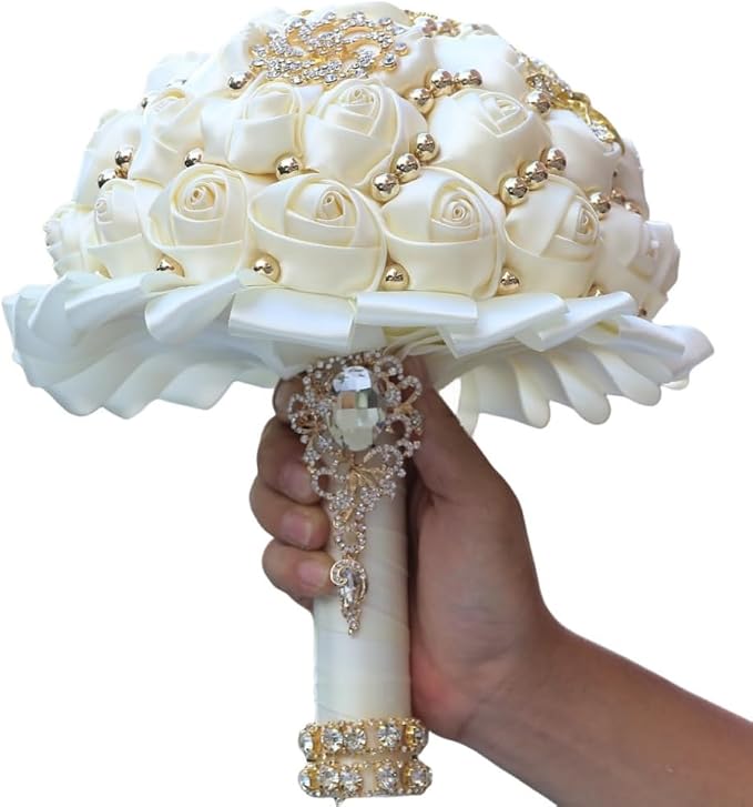 Ivory Wedding Bridal Bouquet with Gold Brooch Bling Rhinestone Pearl Satin Rose Flower Bouquet for Bride Bridesmaid Quinceanera Wedding Ivory 7.1in