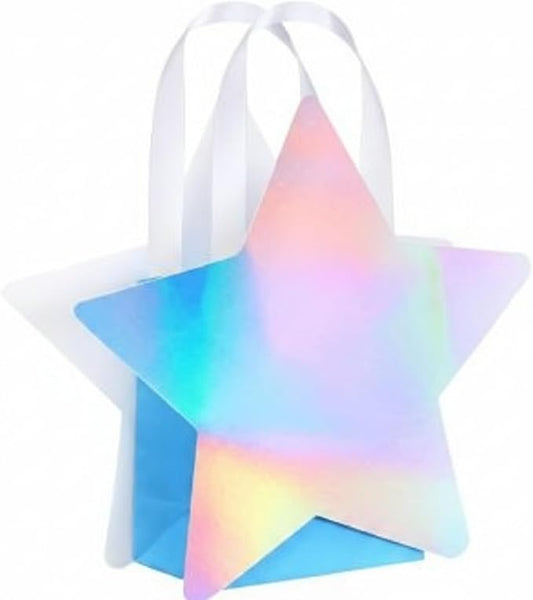 Sweetude 1 Pcs Star Shaped Party Favor Bags with Handle Mini Iridescent Paper Gift Goodie Bags for Holiday Wedding Birthday Party Supplies (Stylish Style)