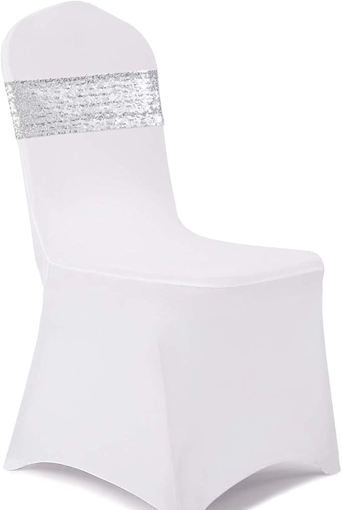 Eternal Beauty Set of 50 Silver Chair Sashes Band Bows Sequin Chair Sashes for Wedding Cover Decorations