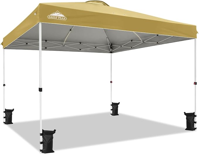 EAGLE PEAK Pop Up Canopy Tent with Wheeled Carry Bag, 8 Stakes, 4 Ropes, 4 Weight Bags, Easy Set Up Tent Canopy, 12x12 ft, 144sqft of Shade, Beige