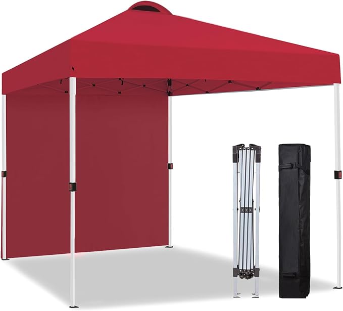 10x10 Pop Up Canopy Tent with One Sidewall, Instant Folding Outdoor Shelter with Air Vent, High Strength Steel Frame and Handheld Carry Bag for Backyard Party, Camping, Red