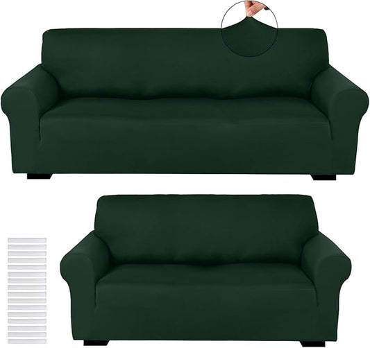 Peryiter 2 Pcs Sofa Covers Couch and Loveseat Covers Set Stretch Sofa Slipcover for Living Room Armchair Furniture Protector, Wrinkle Proof(Dark Green,Milk Silk)