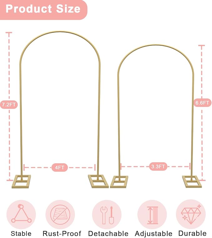 Queension 7.2FT & 6.6FT Arch Backdrop Stand, Metal Wedding Arch Stand for Ceremony, Backdrop Stand Arch Frame with Base for Birthday Party Baby Shower Balloon Arch Decorations, Gold