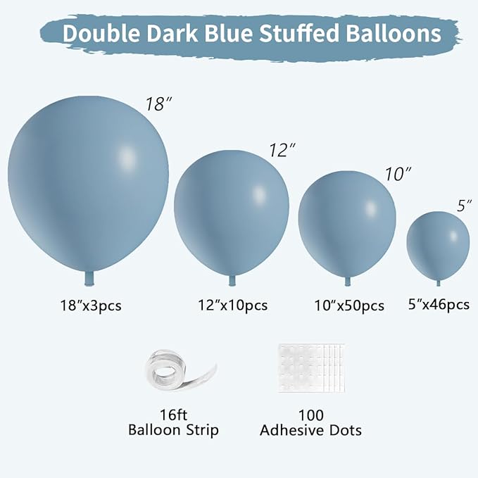 Double Dusty Blue Stuffed Balloons Different Size 115Pcs 5/10/12/18" Slate Blue Balloon Arch Garland kit for Birthday Baby Shower Bridal Shower Gender Reveal Wedding Theme Party
