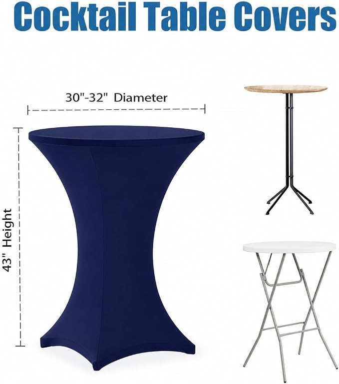 Cocktail Table Covers - 2 Pack 32x43 Inch Table Cloth - Navy Blue Fitted Stretch Spandex Round High Top Tablecloth for Party, Bar, Birthday, Pub, Banquet