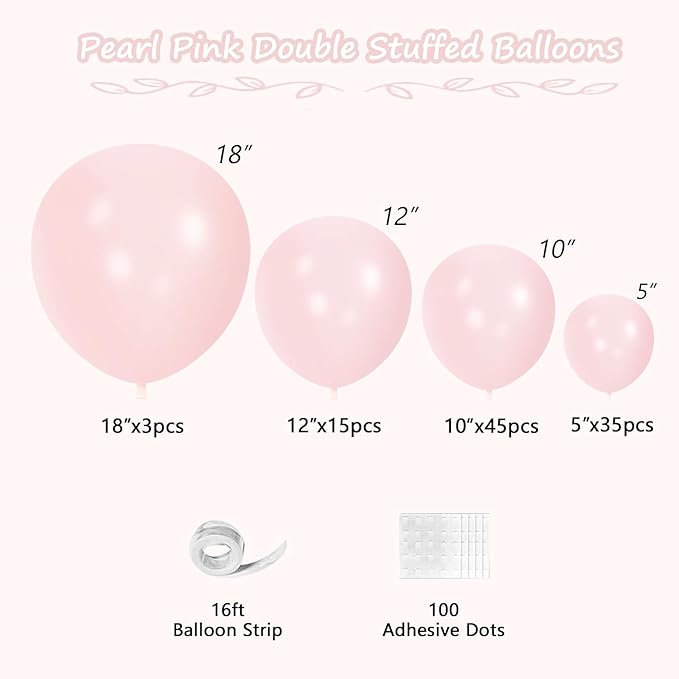108Pcs Pearl Pink Double Stuffed Balloons Different Size, 18/12/10/5 inch Pearl Rose Blush Pink Balloons Garland Arch kit for Boho Birthday Wedding Engagement Bridal Baby Shower Party