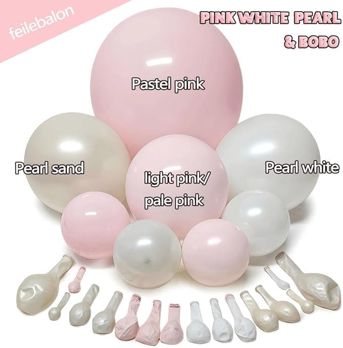 Pink White Balloon Arch Kit with Clear Bobo Balloons, Double Stuffed Baby Pastel Pale Pink Pearl White Cream Balloon Garland for Baby Shower Birthday Bridal Wedding Mother's Day Party Decoration