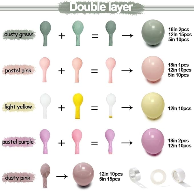 Dusty Green Pink Yellow Balloon Garland Double Stuffed Pastel Pink Yellow Haze Purple Green Floral Pastel Balloons Arch Kit for Birthday Wild Flower Tea Baby Shower Garden Party Decoration