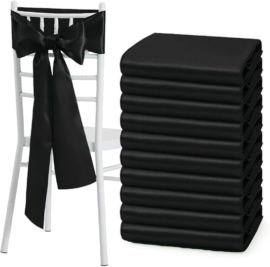 10 Pcs Black Satin Chair Sashes Bows Universal Chair Cover for Wedding Reception Events Banquets Party, Hotel Event Decorations, 6 x 108 inch