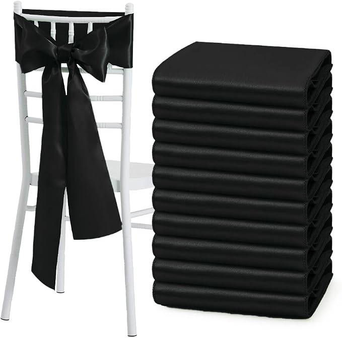 50 Pcs Black Satin Chair Sashes Bows Universal Chair Cover for Wedding Reception Events Banquets Party, Hotel Event Decorations, 6 x 108 inch