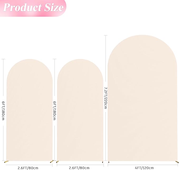 Wokceer Wedding Arch Cover 7.2FT, 6FT, 6FT Spandex Set of 3 Wedding Arch Stand Covers Round Top Chiara Arch Backdrop Stands Cover for Birthday Party Ceremony Banquet Decor Beige