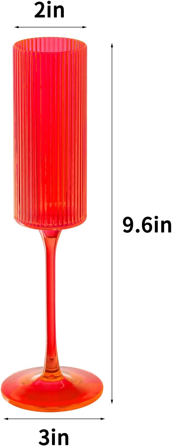 JLYLOL 12 Pcs Red Plastic Champagne Flutes 6OZ Large Ribbed Champagne Glasses Toasting Glass Plastic Goblets for Parties Vintage Mimosa Bar Glasses Elegant Stemmed Drinking Cups for Wedding Bride